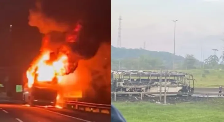 Ônibus da equipe Joinville Natação é destruído por incêndio na BR-101