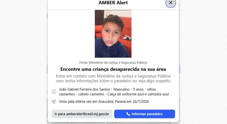 Amber Alert Brasil é acionado para buscar João Gabriel, menino desaparecido em Araucária